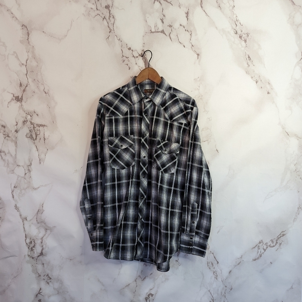 Roper Button Up Shirt Mens Medium Snap Buttons Plaid Black Western